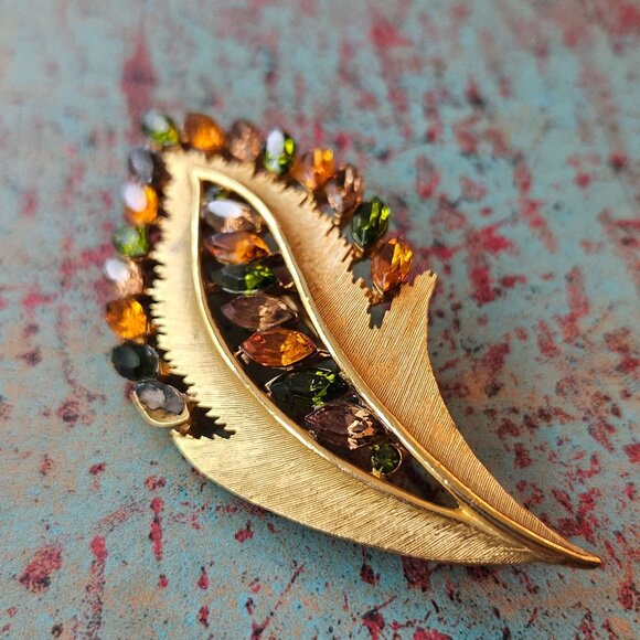 Vintage JJ Gold & Orange Green Brown Stones Fall Statement Leaf Brooch - Picture 3 of 5